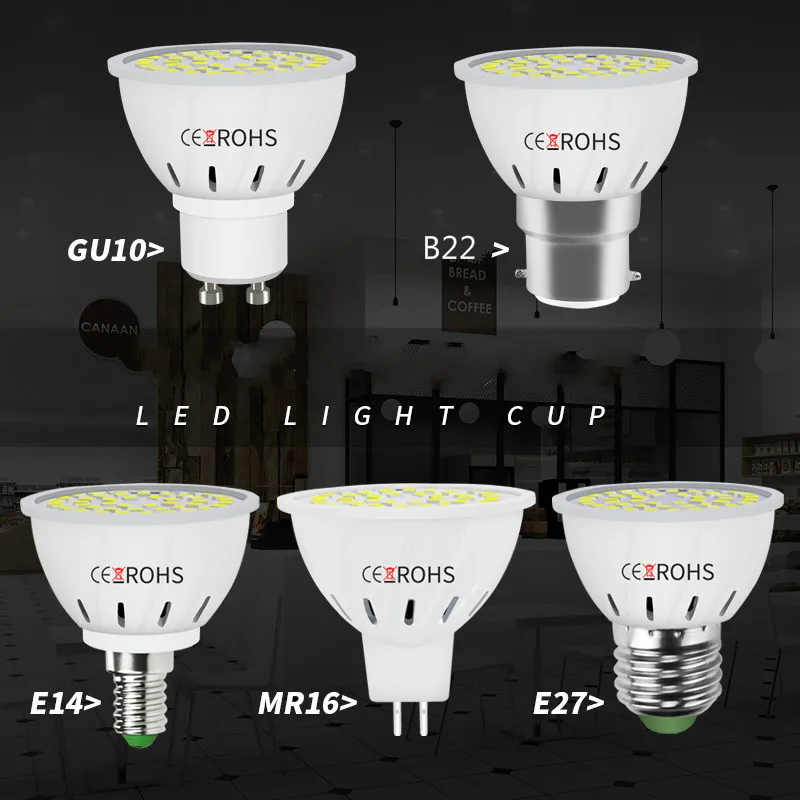 GU10 LED E27 Лампа E14 48 60 80 светодиодов lampara 220V GU 10 bombillas MR16 gu5.3 лампада точечная B22 5W 7W