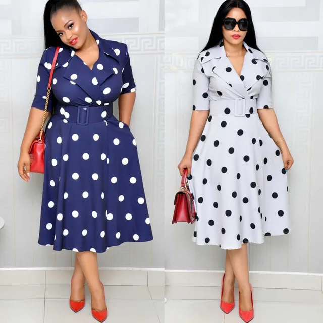 

Elegant V Neck Half Sleeve Vintage Polka Dot Print Dress Women Fashion A-line Maxi Dress With Belt High Street Dresses Big Size