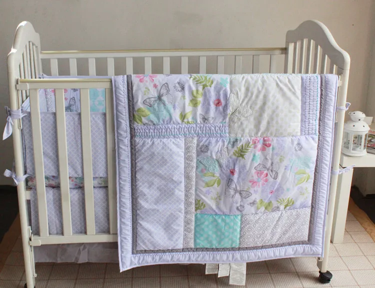 

7 piece newborn baby crib bedding set for girls,Cotton Reactive and 3D embroidery quality baby cot bedding, purple butterfly