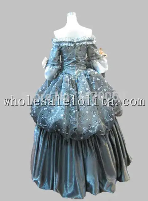 Серый цветочный костюм Marie Antoinette с открытыми плечами в стиле барокко рококо
