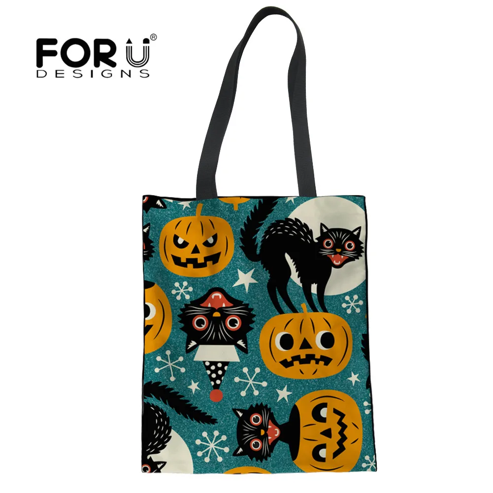 FORUDESIGNS/женские сумки с принтом кошек на Хэллоуин повседневные холщовые плечо для