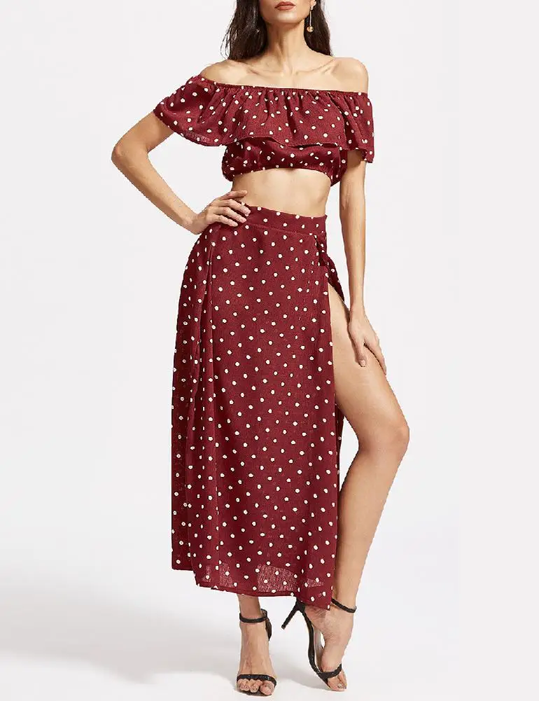 New Yfashion Women Summer Sexy Bohemian Sexy Boat Neck Collar Short Casual Tops+ Split Skirt Vestidos