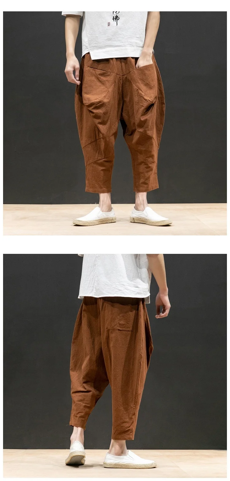 KUANGNAN Japan Style Linen Wide Leg Pants Men Jogger Japanese Streetwear Joggers Men Pants Hip Hop Trousers Men Pants