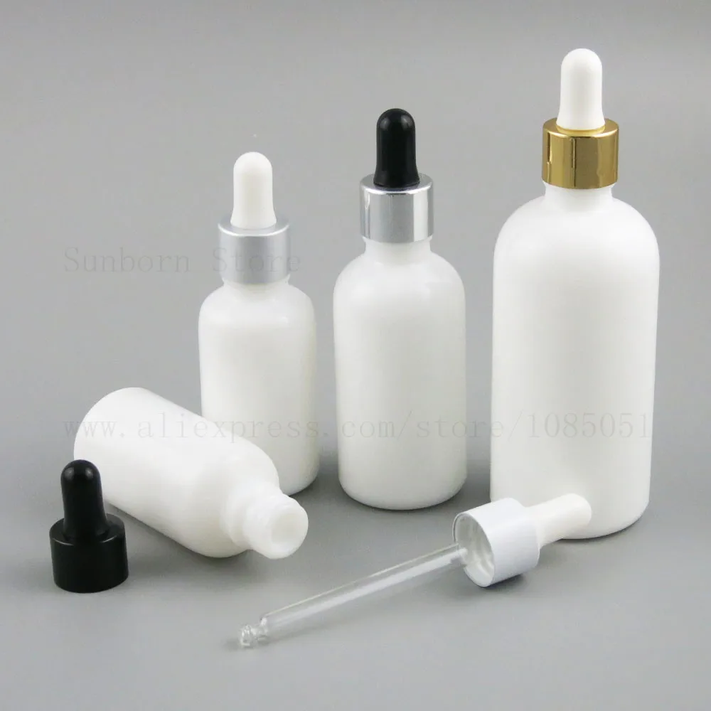 15pcs Empty white glass bottle 15ml 1oz 30ml 50ml 100ml Perfume Essential Oil e liquid dropper Bottle with black white rubber