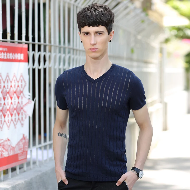 2018New Business Men Slim Fit тонкая синяя футболка с v образным вырезом короткий рукав