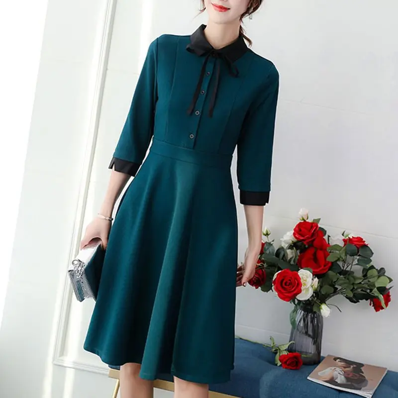 Женское винтажное платье средней длины в Корейском стиле с бантом и отложным