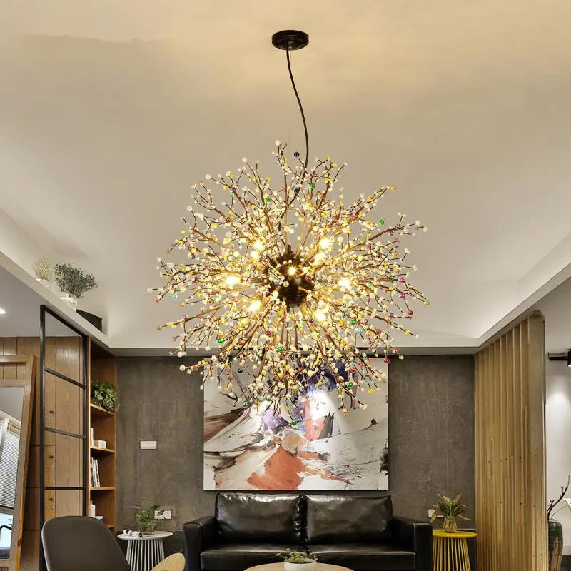 

Retro LOFT Spark Colorful Fireworks Acrylic Wrought Iron Chandelier For Dining Living Room Kitchen Light Hanging Lamps