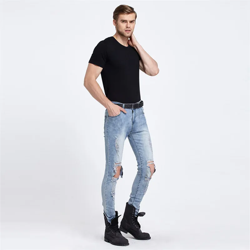 Синие рваные с отверстиями Узкие Брюки Slim Fit уничтожено джинсы для мужчин |