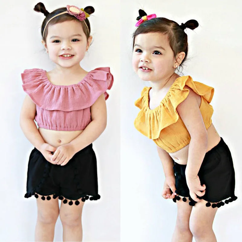 Детская летняя одежда для маленьких девочек пуловер с открытыми плечами топ без