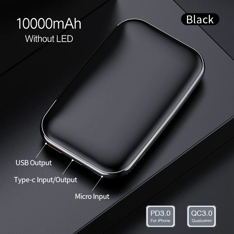 No LED Black ROCK 18 Вт Тип C PD QC 3,0 внешний аккумулятор 10000 мАч внешний мини-аккумулятор светодиодный дисплей USB быстрая зарядка внешний аккумулятор для Xiaomi Mi - Цвет: No LED Black