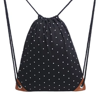 retro drawstring bags women men backpack canvas dots printing backpack for teenagers school shoulder bag travel storage pouch