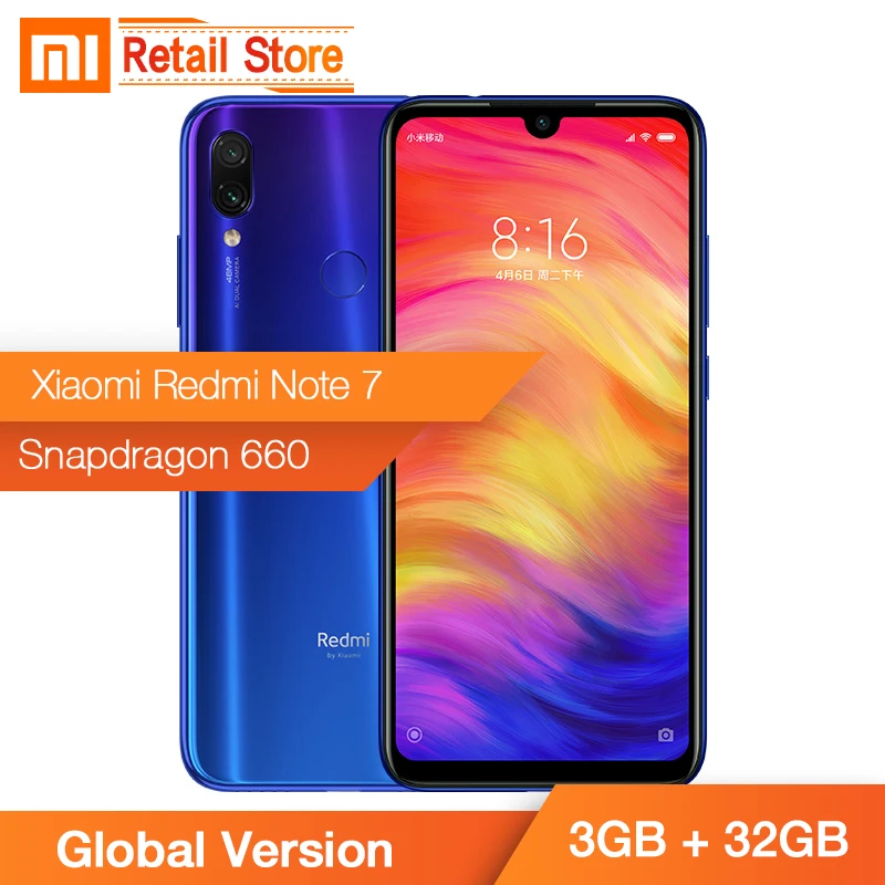 Глобальная версия Xiaomi Redmi Note 7 Note7 3g 32GB Смартфон Snapdragon 660 48 + 5 Мп Cam 6 3 ''капли воды