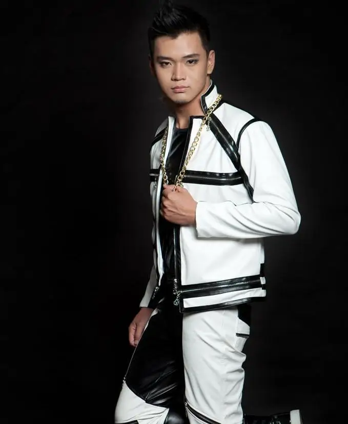 Мужская короткая куртка из искусственной кожи черная белая для мотоциклов |