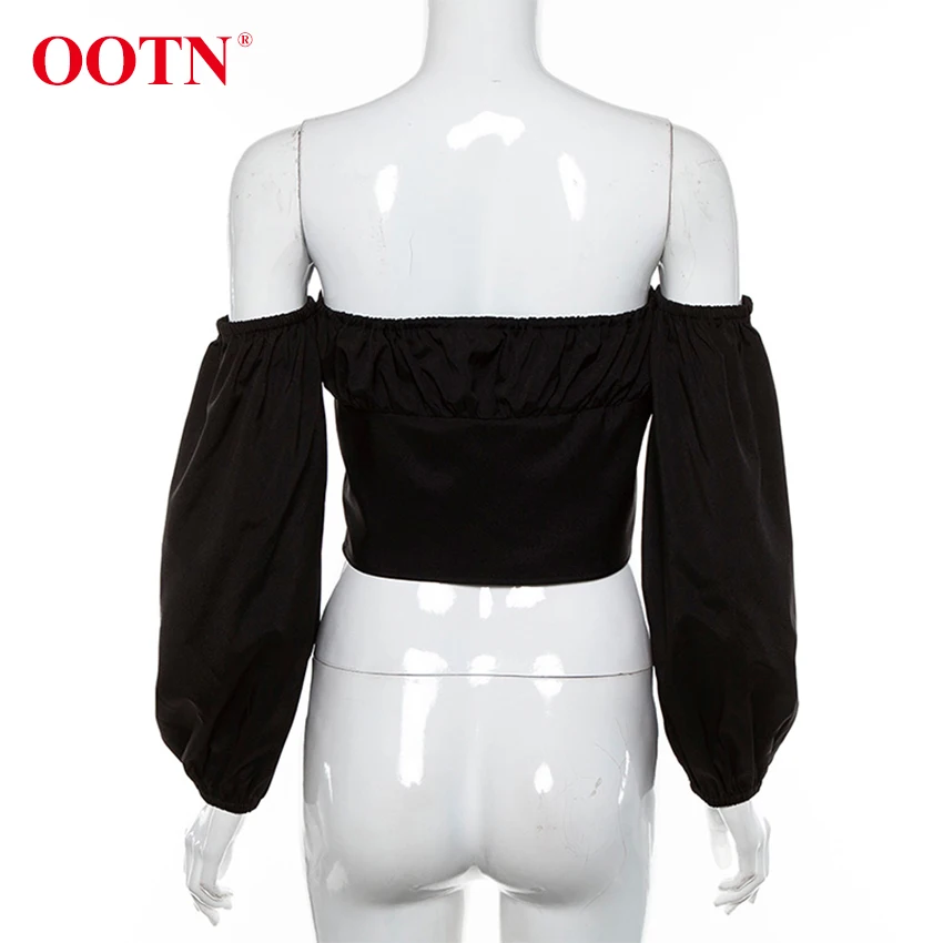 OOTN белый с открытыми плечами Топ, рубашка фонари длинным рукавом пикантные женские короткие топы Черный летняя блузка Туника женский Кнопка подпушка
