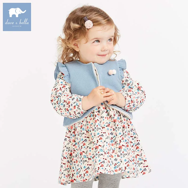 DBM8634 dave bella autumn baby long sleeve dress+ vest 2 sets girls floral dress children party birthday high quality clothing | Детская
