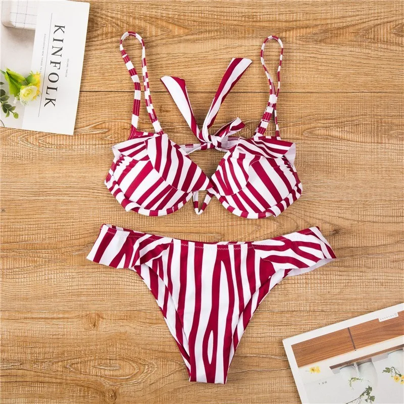 2019 Sexy Ruffle Bikini Women Push Up Swimsuit Brazilian Dot Striped Thong Set Female Swimwear Biquini Bathing Suit | Женская одежда