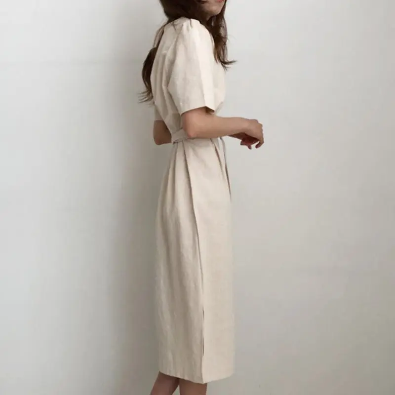 Elegant Vintage Korean Style White Chic Summer Women Midi Dresses Straight Plain Lace Up Split Khaki Female OL Lady Retro Dress | Женская