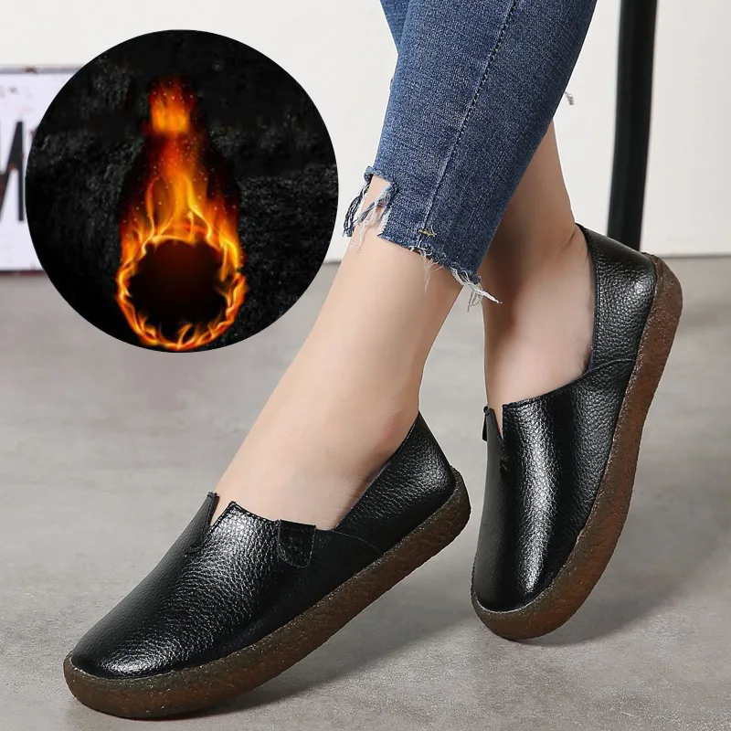 

Koovan Women's Flats 2018 Winter New Casual Shoes Peas Warm Increase Large Size Soft Bottom Mother Shoes Real Leather For Women