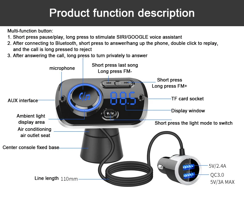 Громкая связь Bluetooth автомобильный комплект динамик авто беспроводной динамик телефон QC3.0 Быстрая зарядка fm-передатчик атмосферный светильник mp3-плеер