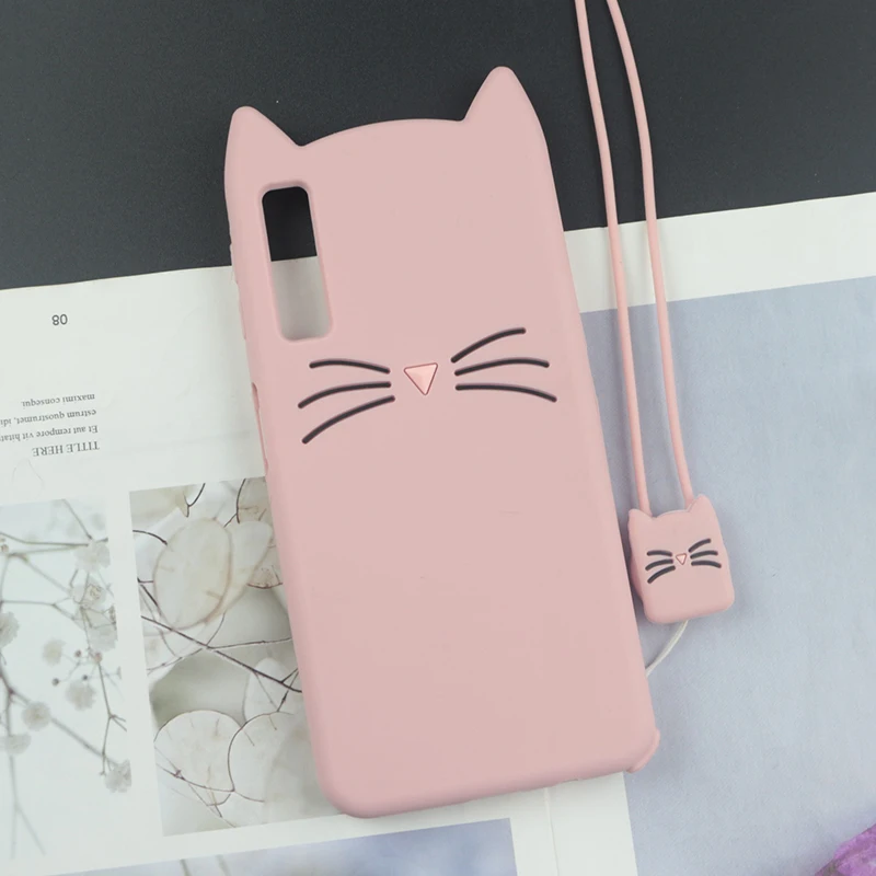 HuxuPink With Rope Милый 3D мультяшный силиконовый чехол для samsung Galaxy A50 A70 A30 A20 A10 чехол s Япония блестящая борода кошка кошечка с милыми ушками чехол для телефона - Цвет: HuxuPink With Rope