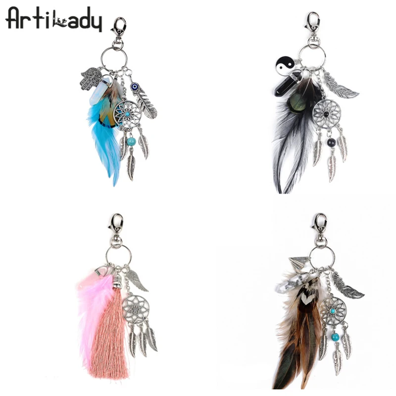 

Artilady Natural Stone Keychain Dreamcatcher Metal Keyring Bag Charm Hamsa Boho Jewelry Feather Keychains for Women Girls