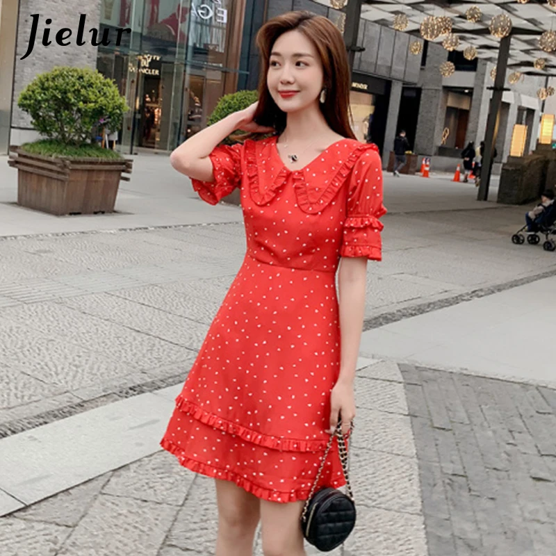 Jielur Summer Dress Women New Elegant Slim Casual Printed Peter Pan Collar Ruffles Flare Dresses Korean Style Vintage Sukienki | Женская