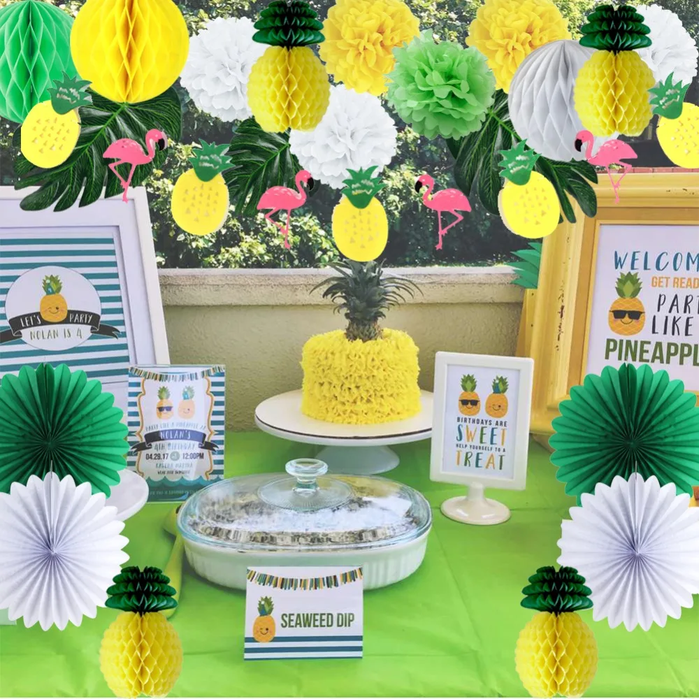

19pcs Pineapple Party Decoration Set Flamingo Pineapple Garland Palm Leaf Honeycomb Pineapple Tropical Birthday Hawaiian Party
