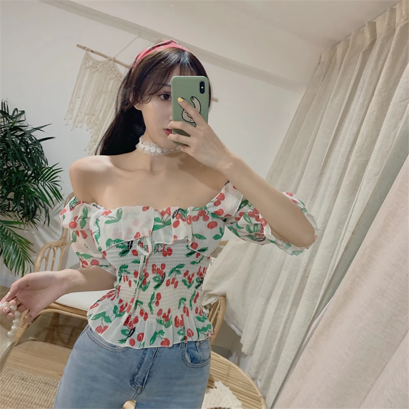 Новинка лета 2019 рубашка с открытыми плечами и рукавами-фонариками тонкая