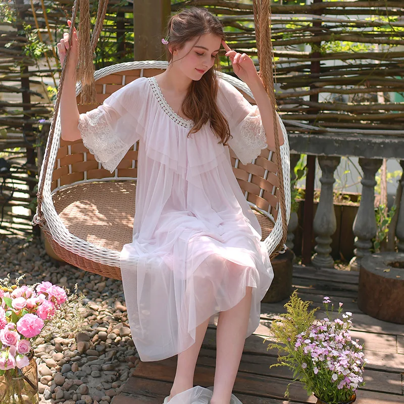 2019 New Spring Summer Women Long Sleeve Nightgown Mesh Lace Loose Dress Nightwear Nightdress Slash Neck White/Purple/Pink | Женская