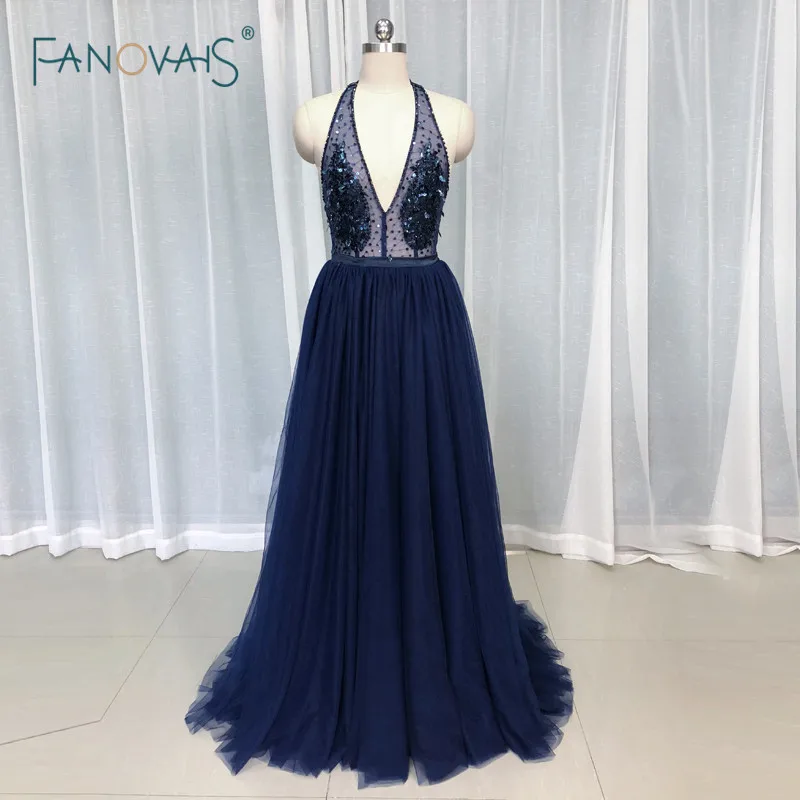 

Dark Navy Evening Dresses Long Halter A-Line Leaves Beaded Prom Dress 2020 Evening Gown Party Dress Women Vestido De Fiesta NE34