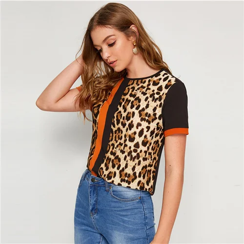 Multicolor1 SHEIN Color Block Cut-and-Sew Leopard Panel Top Short Sleeve O-Neck Casual T Shirt Women Summer Leisure Ladies Tshirt Tops - Цвет: Multicolor1