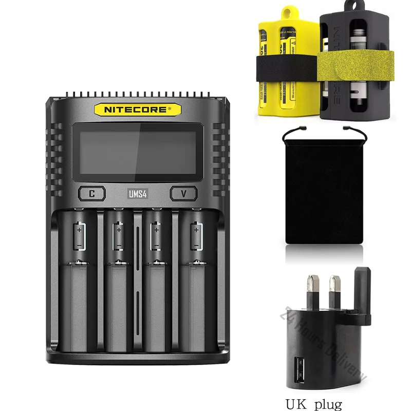 NITECORE UMS4 автоматическое универсальное быстрое зарядное устройство 3A интеллектуальное зарядное устройство с двумя слотами USB ЖК-дисплей литий-ионный аккумулятор IMR 18650 21700 - Цвет: UMS4 UK plug