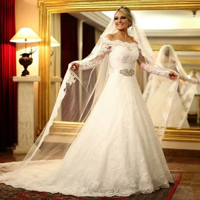 

White/Ivory Long Sleeve Wedding Dress a-line 2022 Off The Shoulder Lace Wedding Gown Train Bride Dresses Robe De Mariage