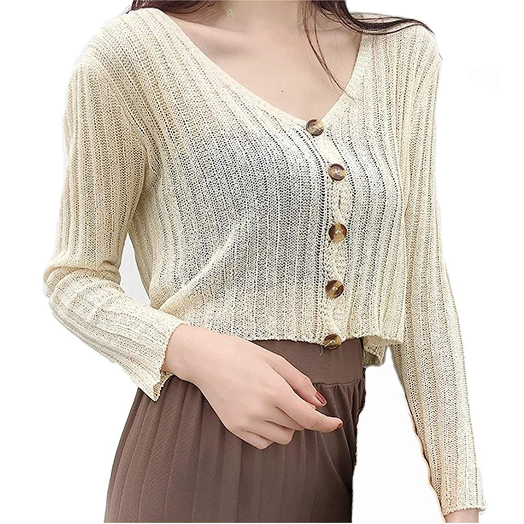 Sexy V-Neck Women Crop Tops Knitted Cardigan 2019 Summer Autumn Loose Button Thin Sweater Long Sleeve Elastic Cardigans Jacket |
