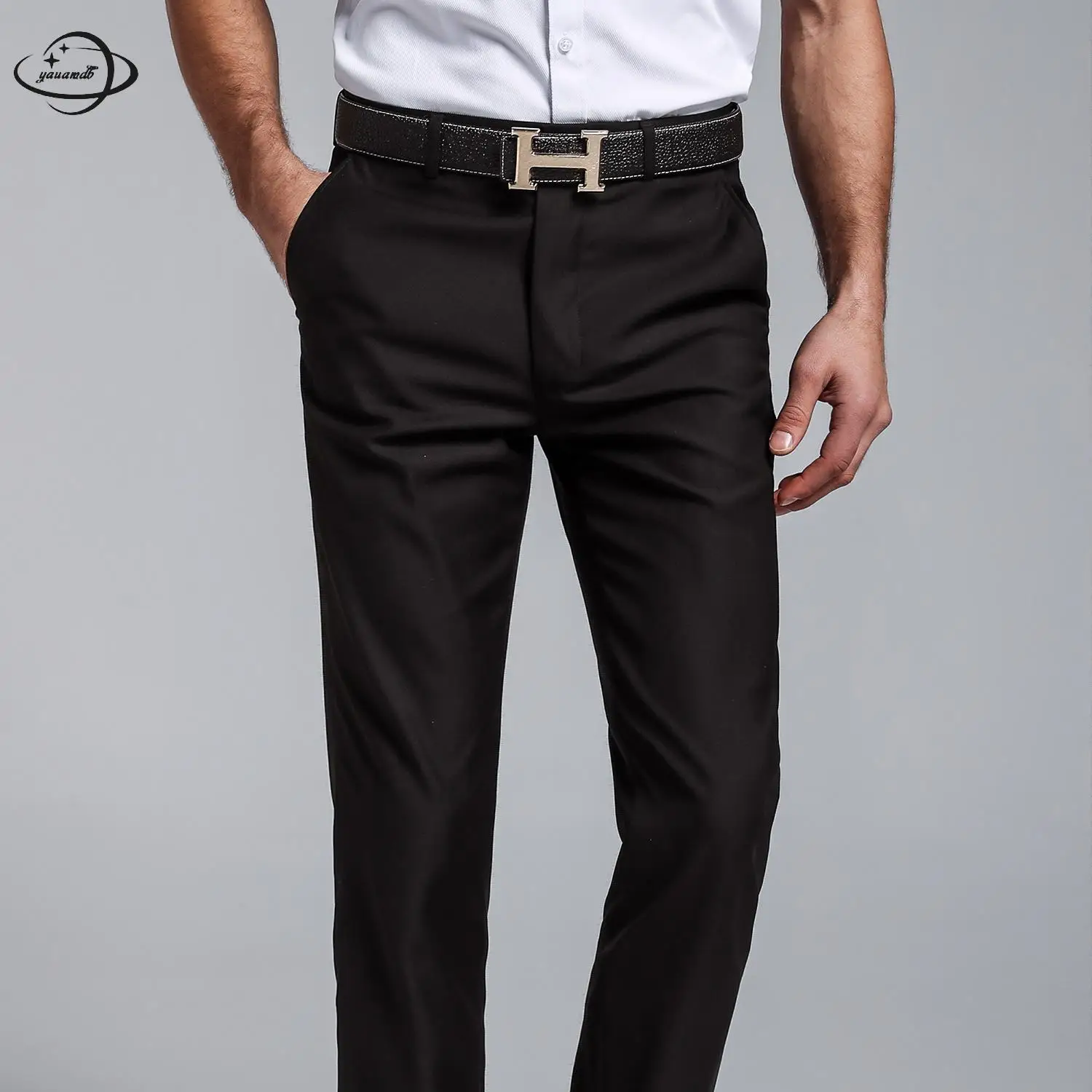 Мужские брюки YAUAMDB деловые однотонные черного цвета с карманами на весну и осень