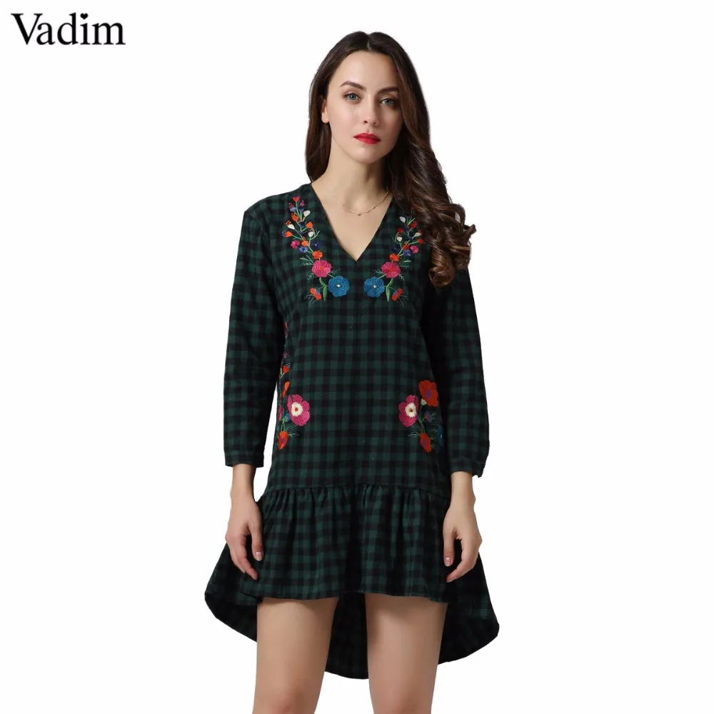Vadim V neck ruffled floral embroidery plaid dresses flower pattern vintage chic casual loose mini vestidos mujer QZ3232 | Женская