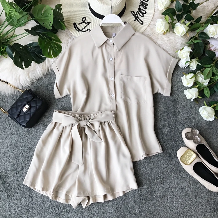 Бежевый ALPHALMODA, повседневные рубашки с коротким рукавом+ шорты, женские комплекты из 2 предметов, однобортная блузка с карманами+ шорты с поясом, летние комплекты - Цвет: Бежевый