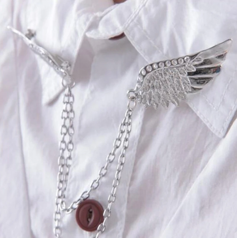 

Top Quality Silver Rhinestone Angel Wing Tassel Chain Shirt Collar Pin Neck Tip Brooch Pin Chain Punk