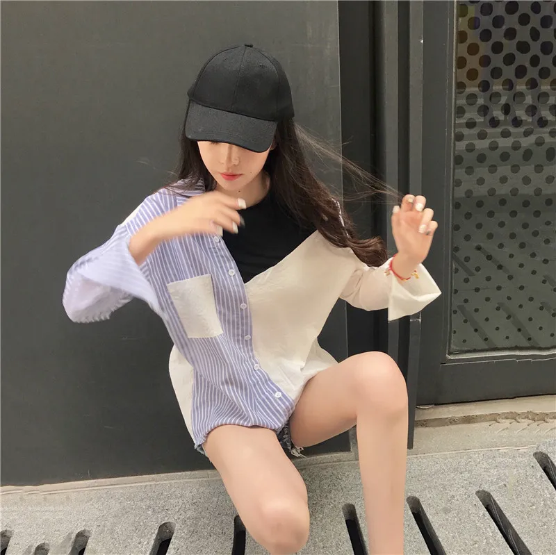 PEILING DRAGON Female Student Two-color Stitching Striped Strapless Shirt Long Sleeve All-match False Two Blouse T173 |