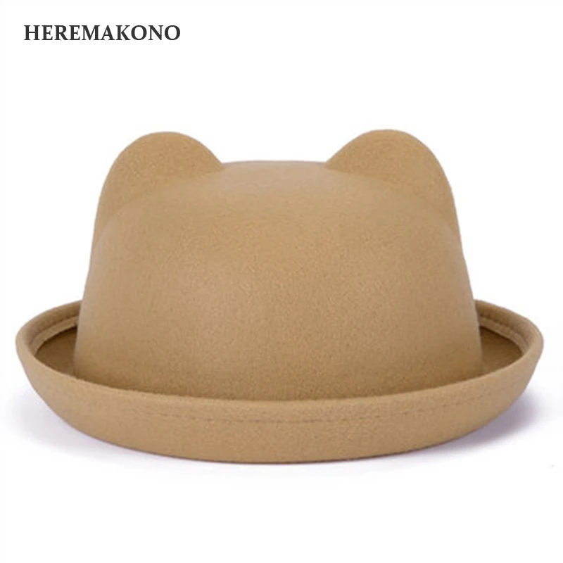 Heremakono Осенне зимняя Дамская обувь Fedora Шапки с милые кошачьи уши Дамы Roll Up Фетр