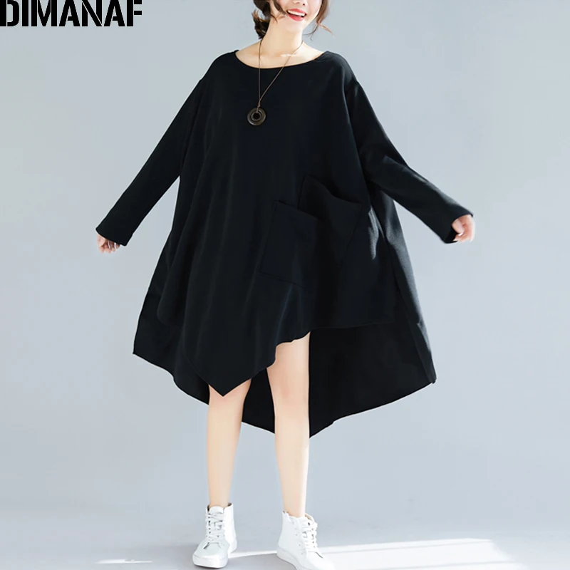 Женское длинное свободное платье DIMANAF повседневный Однотонный сарафан черного