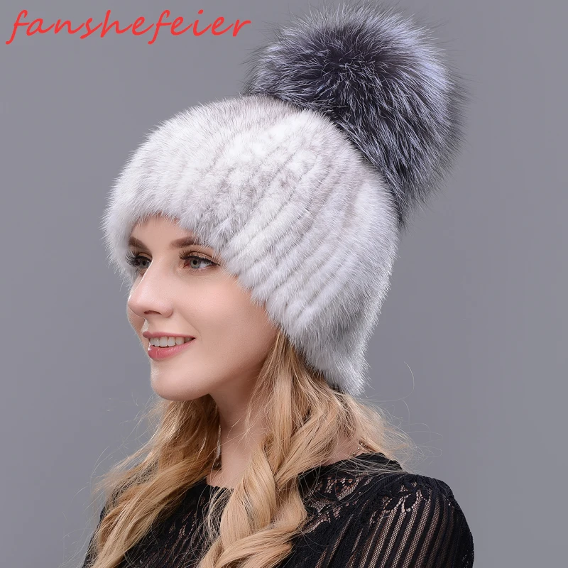 Fanshefeier, настоящая норка, норковый мех, меховая шапка с лисьим мехом, новинка, хит, высокое качество, женская зимняя вязаная шапка