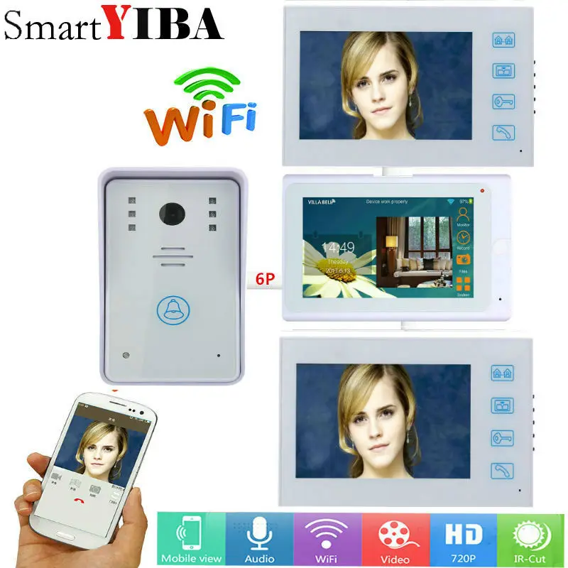 Видеодомофон SmartYIBA 7 дюймов 3 белых монитора проводной/беспроводной Wi-Fi IP 1000TVL