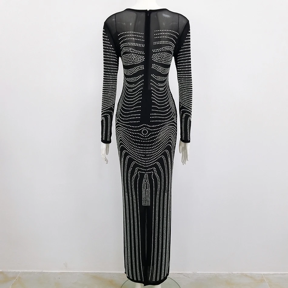 2020 Summer New Women's Black Beaded Sexy Mesh Long Section Fashion Long-sleeved O-neck Club Party Dress | Женская одежда