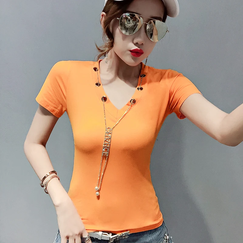 2019 Women summer solid color v-neck fashion chain short-sleeved t-shirt Slim sexy versa Casual Short Tee Top Vest | Женская одежда