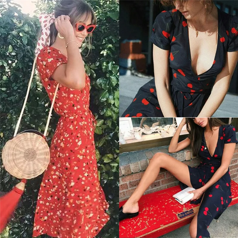 Женское длинное пляжное платье-макси с v-образным вырезом летнее Повседневное