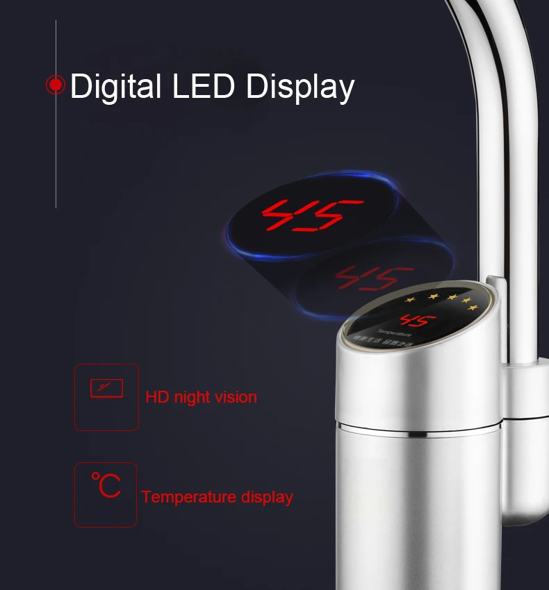DMWD Electric Kitchen Heater Tap Temperature Display Tankless Instantaneous Hot Water Heating Faucet Boiler Shower 3000W EU Plug