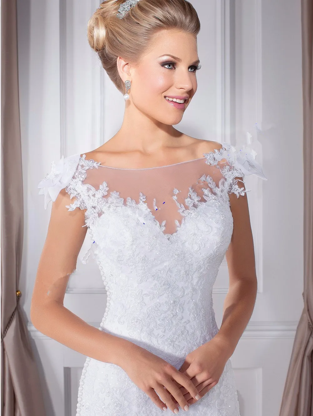 Новая мода 2017 о шея Свадебные Платья русалка бисером аппликации свадебное платье