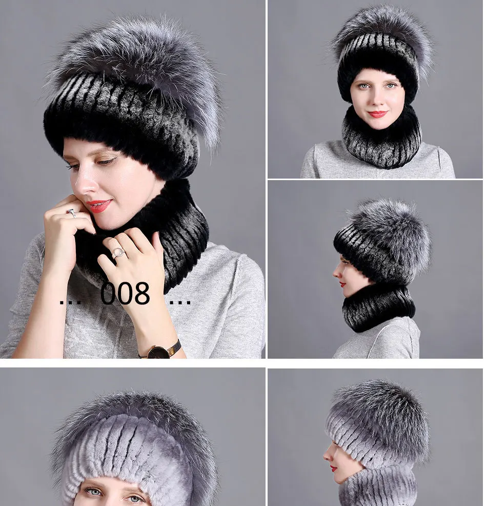 DUOUPA Women fur hat scarf set for winter natural rex rabbit fur scarf and hat solid color brand new street shoot hat and scarf