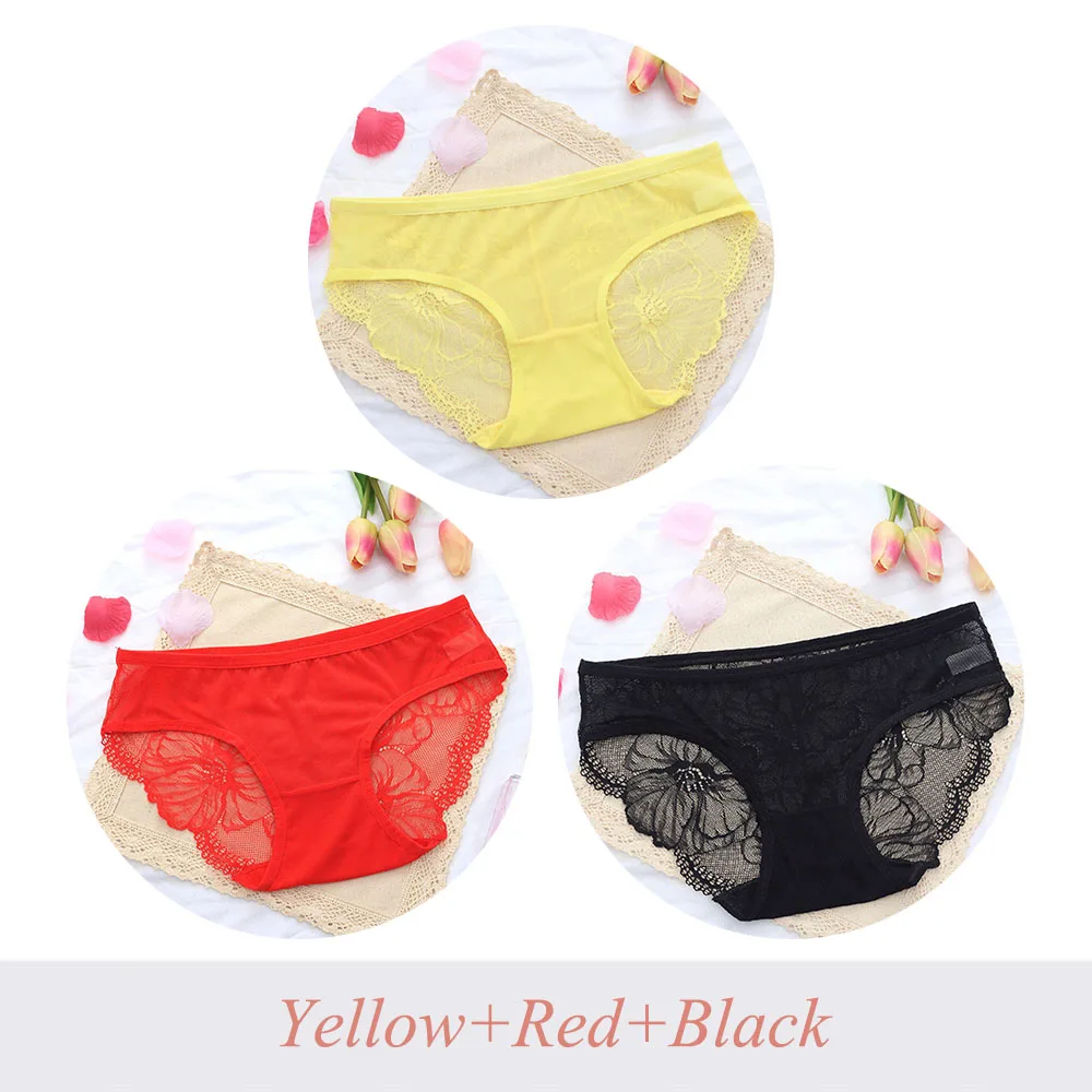 YellowRedBlack 3 шт., сексуальные кружевные трусики, женские прозрачные трусы с низкой посадкой, дамское нижнее белье, трусы большого размера, нижнее белье, трусики - Цвет: YellowRedBlack